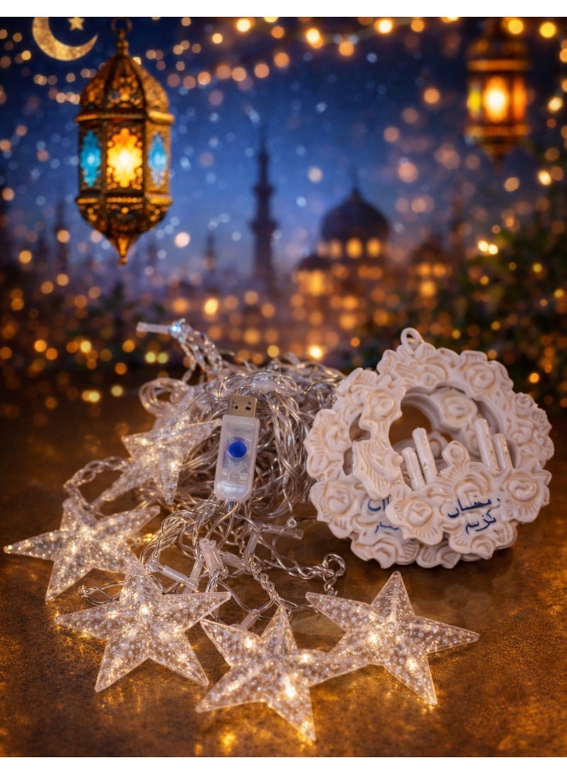 F.A.M.S Ramadan LED Curtain Lights with Star & Mosque Pendants – USB Powered with 8 Lighting Modes, Warm White Decorative String Lights for Home, Eid & Ramadan Décor - Image 2